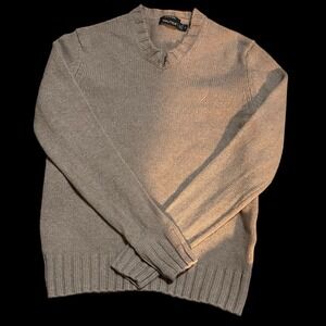 Nautica Merino Wool Blend V Neck Sweater Men's Tan Chunky Knitted Preppy Size M